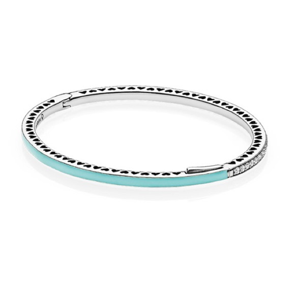 Sterling Silver Mint Radiant Hearts Pandora Bangle w/ Enamel & Clear Zirconia - Picture 1 of 9